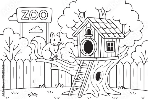 hand drawn vector doodle illustration of Squirrel House coloring page for kids line art