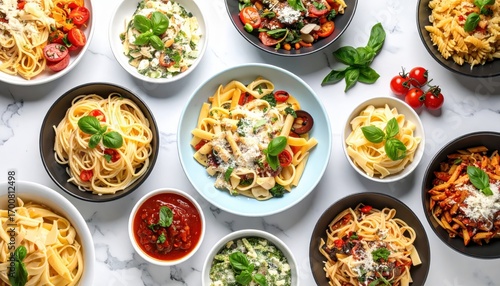 Variety of different Italian pasta dishes and sauces on a marble table. A delicious and colorful top view food collage for a restaurant menu.