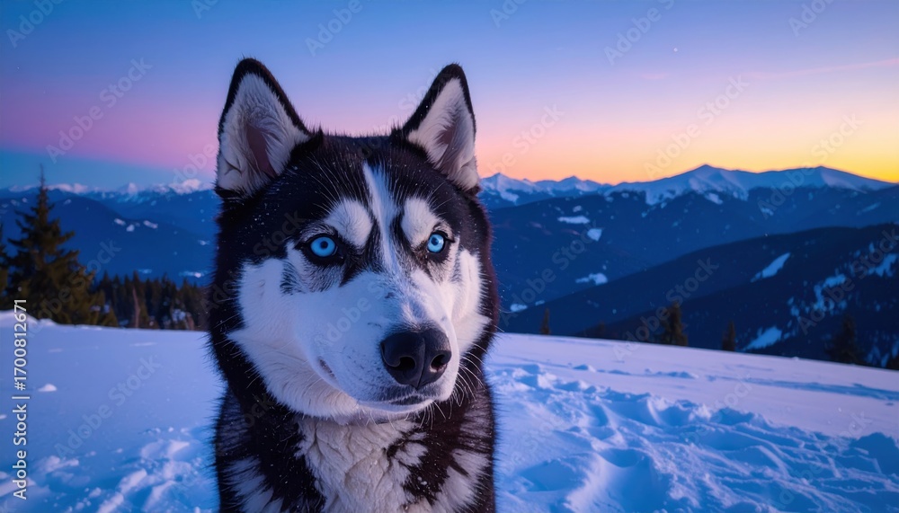 Naklejka premium Close-up portrait of a majestic Siberian husky dog with bright blue eyes in a snowy mountain landscape at sunset.