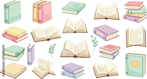Pastel books illustration, open and closed books, flat lay design, reading concept, educational art, cozy style, decorative layout, greenery accent