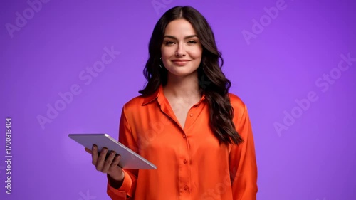 Beautiful woman in orange shirt holds tablet on purple background showing professional person this is a great modern and confident businesswoman this is a very smart and pretty girl