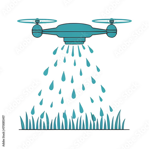 Modern drone spraying water on green plants for agriculture or lawn care