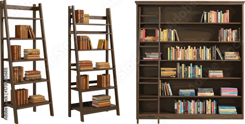 Wooden bookshelf set, ladder bookcases, vintage books, home library furniture, colorful spines, interior storage, classic design, vector illustration, decor