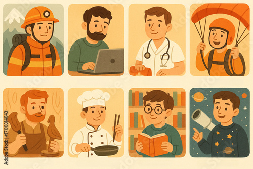 Child-friendly occupational icon set: firefighter, software engineer, nurse, and more