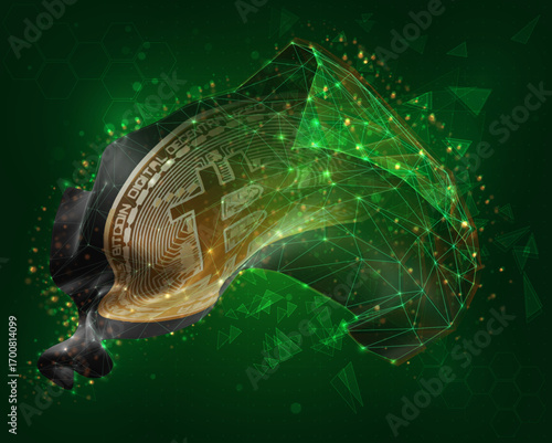Bitcoin, vector 3d flag on green background