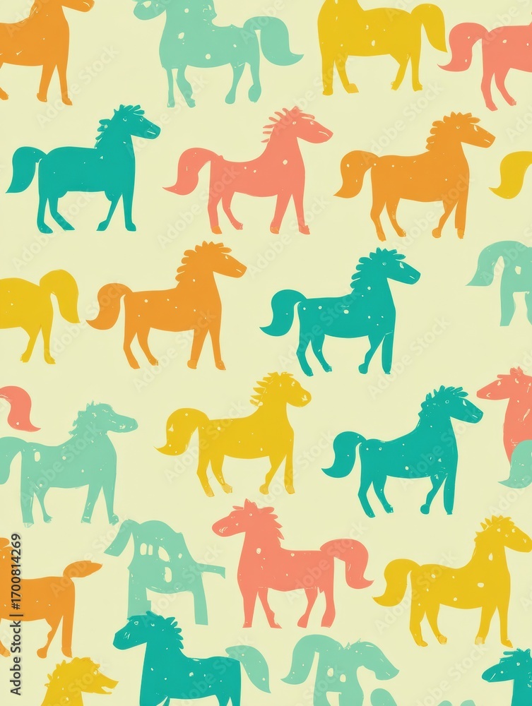 Fototapeta premium Colorful Repeating Horse Pattern on a Light Yellow Background Making an All Over Equestrian Design