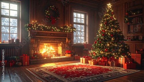 Wallpaper Mural 3D rendering of a cozy Christmas living room with a glowing fireplace, decorated tree, and neatly wrapped presents, ultra detailed, photorealistic Torontodigital.ca
