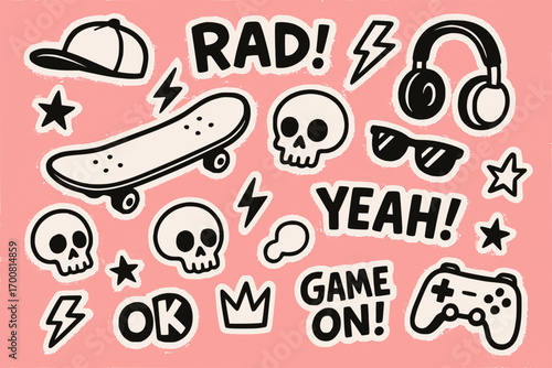 Hand-drawn urban skater doodle stickers with skateboards, skulls, lightning, and street style