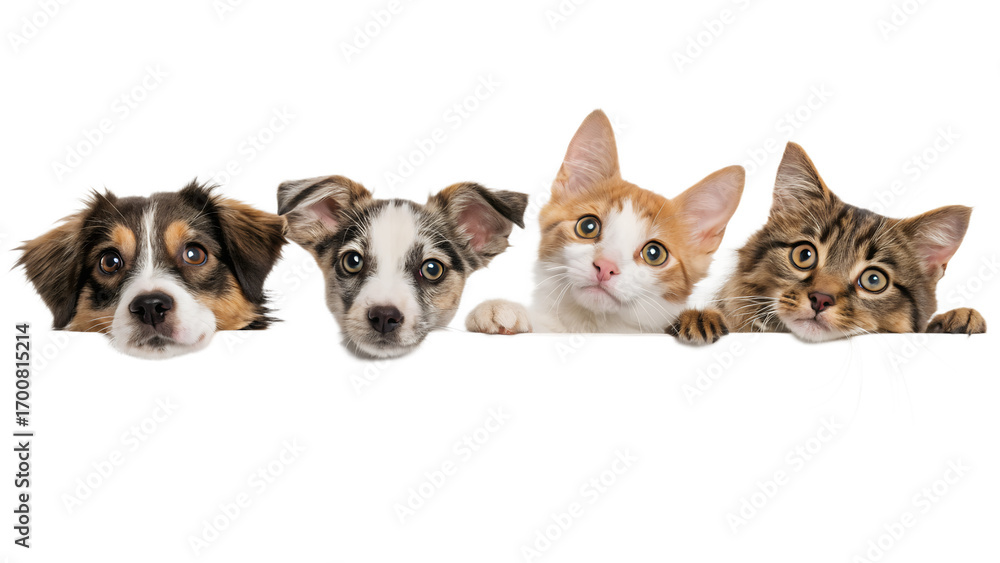 Obraz premium Four adorable puppies and kittens peeking over a surface isolated on transparent background