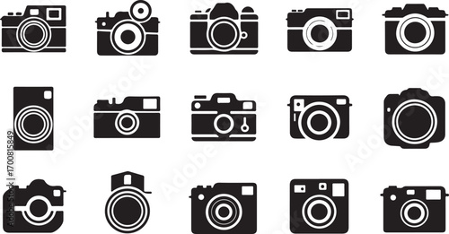 Vector art of collection of camera icons, showcasing a variety of photographic equipment designs for creative projects and visual communication
