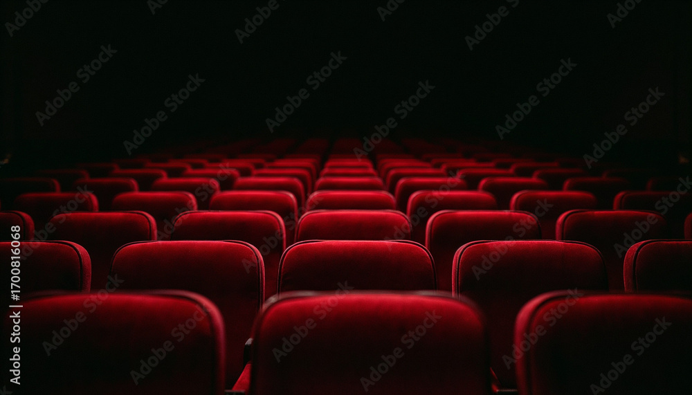 Fototapeta premium Empty red velvet theater seats receding into depth