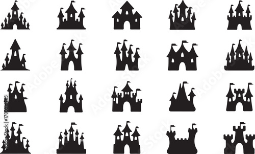 Vector art of collection of castle icons set of different castle types, including fairytale, medieval, and fantasy castles for design