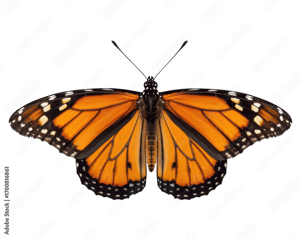 Fototapeta premium Monarch butterfly with fully extended wings exhibiting the vibrant colors and intricate patterns