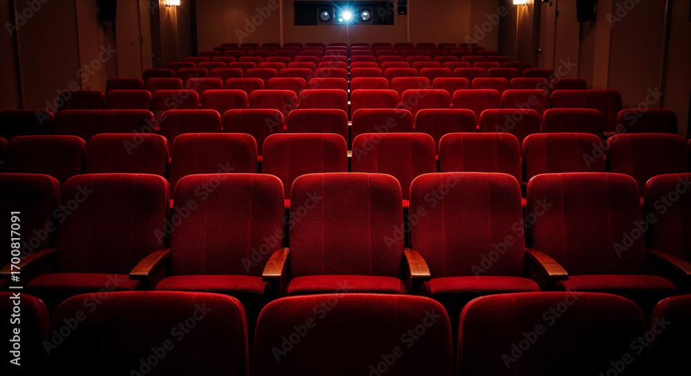 Fototapeta premium Empty red velvet theater seats receding into depth