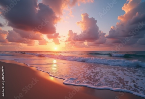 Tranquil Beach Sunset Dramatic Sky Calm Ocean Waves Serene Horizon Sunlight Reflection Natural Beauty