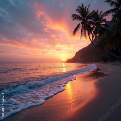 Tranquil Beach Sunset Dramatic Sky Ocean waves Serene Horizon Colorful Nature Evening Scenery Peaceful Escape