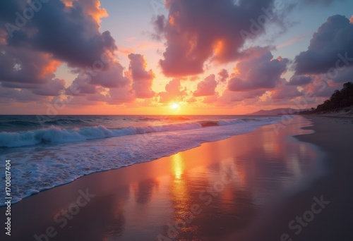 Tranquil Beach Sunset with Dramatic Skies Vibrant Colors and Reflections on Serene Waves