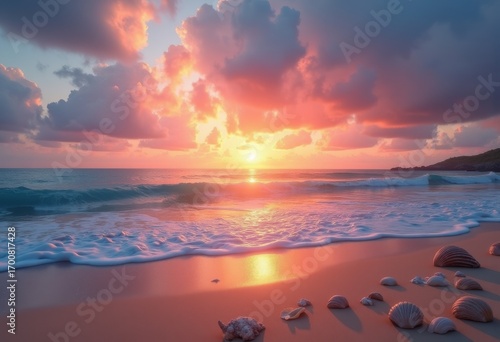 Tranquil Beach Sunset with Dramatic Skies Vibrant Colors Peaceful Horizon Ocean Waves Serenity