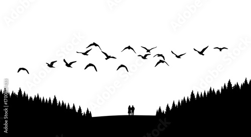 Flock of birds flying over a couple and forest silhouette isolated on white background