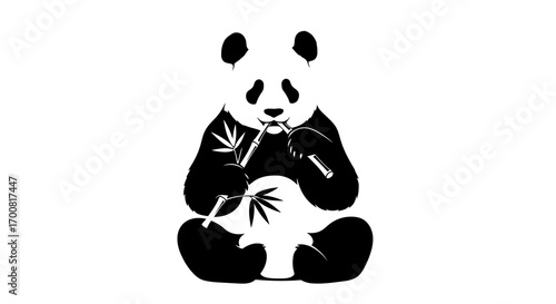 Panda eating bamboo silhouette isolated on white background