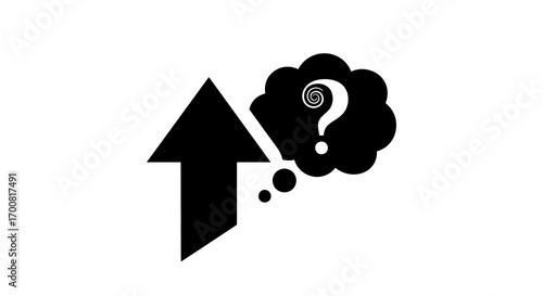 Black arrow pointing up with a question mark in a thought bubble silhouette isolated on white background