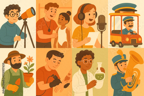 Child-friendly occupational icon set: astronomer, gymnast, voice actress, and more