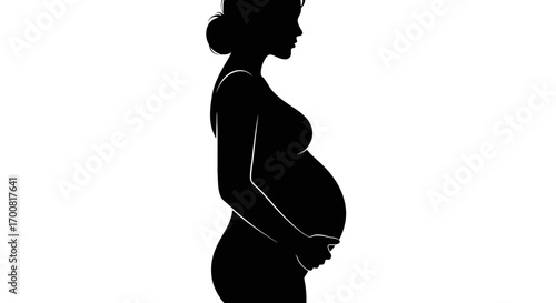 Pregnant woman silhouette holding belly isolated on white background