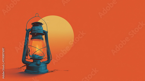 Retro Oil Lamp on Gradient Sunset Orange Backdrop