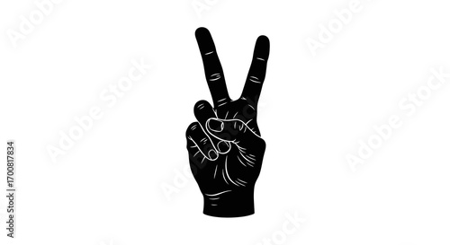 Black hand making peace sign silhouette isolated on white background