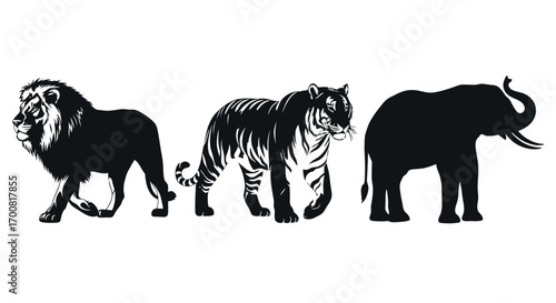 Lion tiger elephant silhouettes isolated on white background