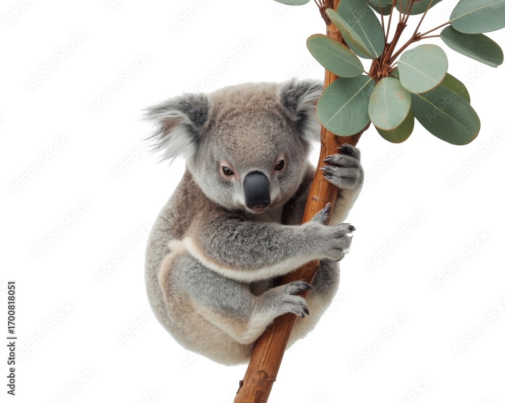 Obraz premium Adorable koala clinging to eucalyptus branch isolated showing its charming and endearing nature