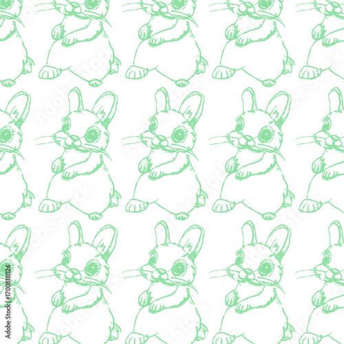 Pattern con coniglietti verdi in fila, illustrazione vettoriale  isolata