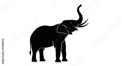 Black elephant silhouette with trunk raised isolated on white background