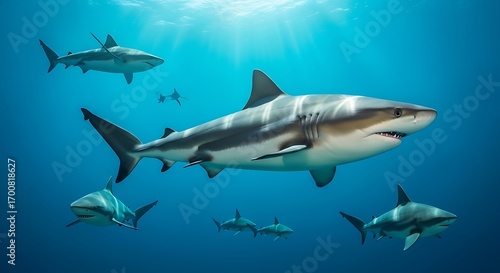 Wallpaper Mural Magnificent sharks gliding through serene azure ocean depths, bathed in sunlight shafts Torontodigital.ca
