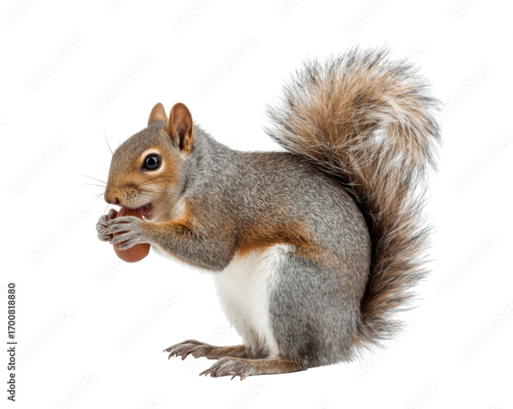 Obraz premium Captivating squirrel with fluffy tail enjoys nut meal isolated, wildlife appreciation