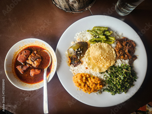 Traditional Sri Lankan rice and curry meal.
