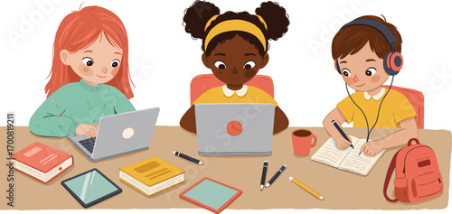 Children studying together at table, diverse students using laptops, writing in notebooks, educational teamwork, school learning, homework, classroom, flat illustration