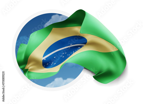 Brazil, vector 3d flag against a blue sky, through a round hole on a white background