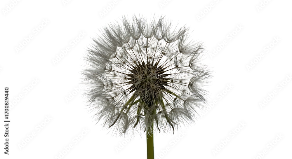 Fototapeta premium Delicate Dandelion Seed Head on White Background, Close-Up