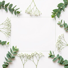 A flat lay composition with a blank square frame bordered by eucalyptus leaves and small white flowers. Minimalist template for greeting cards, invitations, or social media posts.