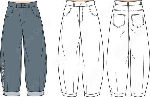 Technical fashion flat sketch of women’s loose-fit cuffed jeans with front and back views, wide-leg silhouette, pocket details, vector apparel illustration