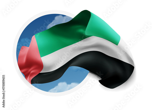 United Arab Emirates, vector 3d flag against a blue sky, through a round hole on a white background