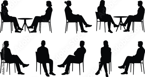 Silhouettes of men and women sitting on chairs, talking, casual conversation, social interaction, relaxing, vector illustration, black isolated people, communication, friendship