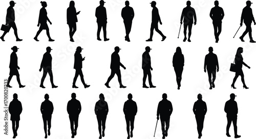 Silhouettes of diverse walking people, men and women, casual and business style, using cane, carrying briefcase, urban life vector illustration, black figures