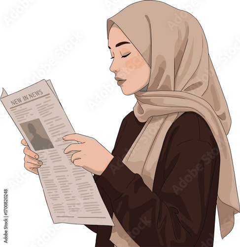 Muslim woman, reading newspaper, hijab illustration, media engagement, cultural diversity, news awareness, modern lifestyle, digital art, clean background, education