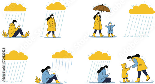 Rainy day, emotional moments, cartoon illustration, parent and child, raincoat, umbrella, sadness, comfort, family bonding, weather scene, flat design