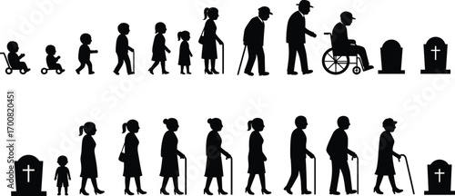 Life cycle silhouette icons, stages of human growth from baby to elderly, aging process, wheelchair user, graveyard tombstones, vector illustration concept