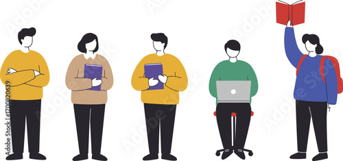 Student group, academic activity, diverse learners, laptop use, book reading, classroom scene, modern education, colorful outfits, cartoon style, white background