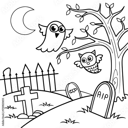Vector coloring page featuring funny ghosts flying around a graveyard with tombstones, owls, and spooky trees. Black and white line art perfect for Halloween coloring activities
