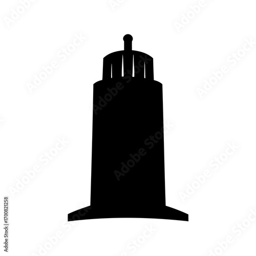 Stylized black silhouette of a lighthouse against a clean white background